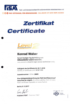 Zertifikat Walser Höhenarbeiten FISAT